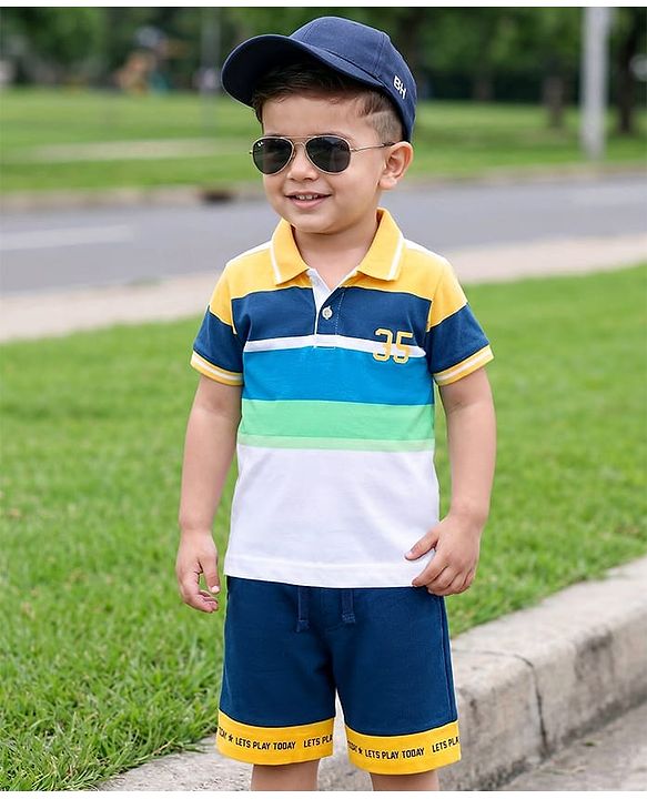 Babyhug Single Jersey Knit Half Sleeves Striped Polo T-Shirt & Shorts Set with Numerical Print - Blue & Yellow