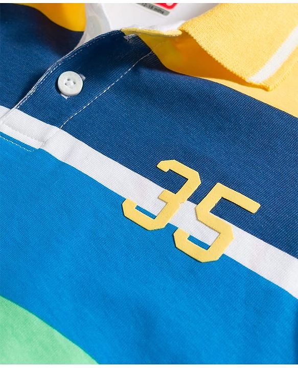 Babyhug Single Jersey Knit Half Sleeves Striped Polo T-Shirt & Shorts Set with Numerical Print - Blue & Yellow