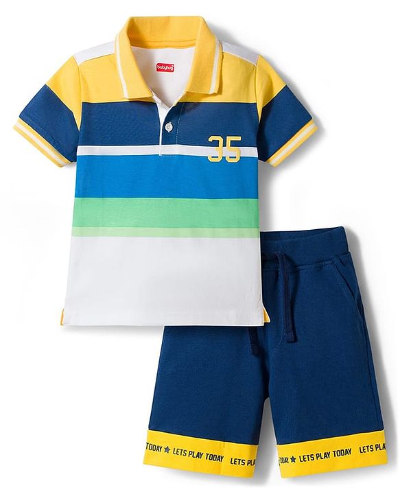 Babyhug Single Jersey Knit Half Sleeves Striped Polo T-Shirt & Shorts Set with Numerical Print - Blue & Yellow