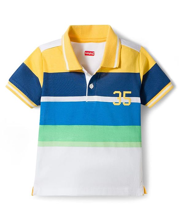 Babyhug Single Jersey Knit Half Sleeves Striped Polo T-Shirt & Shorts Set with Numerical Print - Blue & Yellow