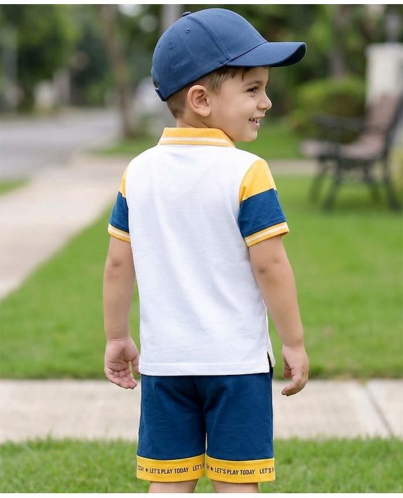 Babyhug Single Jersey Knit Half Sleeves Striped Polo T-Shirt & Shorts Set with Numerical Print - Blue & Yellow