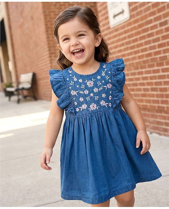 Babyhug Denim Woven Antibacterial Sleeveless Floral Embroidered Frock with Frill Detailing - Blue