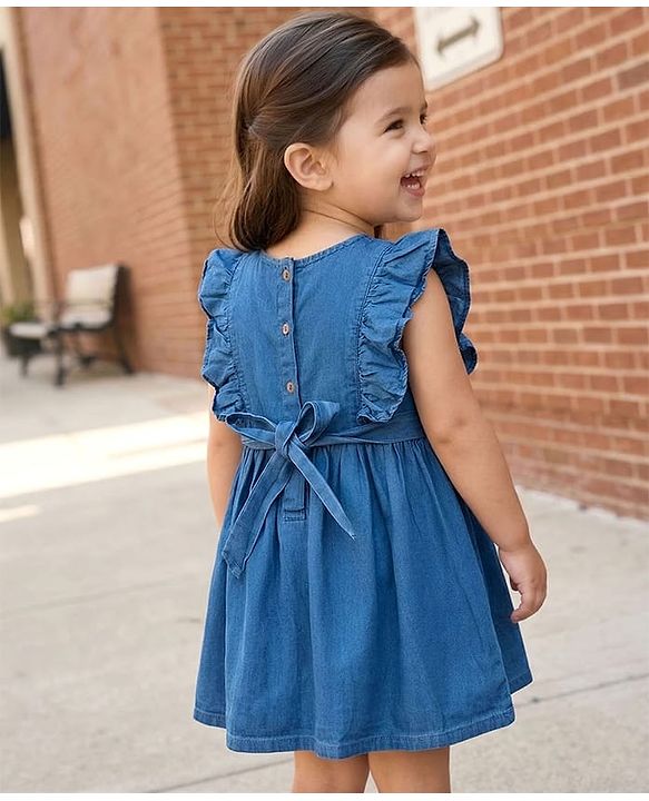 Babyhug Denim Woven Antibacterial Sleeveless Floral Embroidered Frock with Frill Detailing - Blue