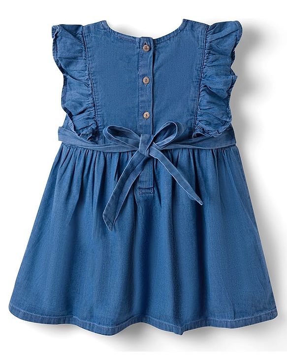 Babyhug Denim Woven Antibacterial Sleeveless Floral Embroidered Frock with Frill Detailing - Blue