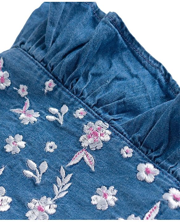 Babyhug Denim Woven Antibacterial Sleeveless Floral Embroidered Frock with Frill Detailing - Blue