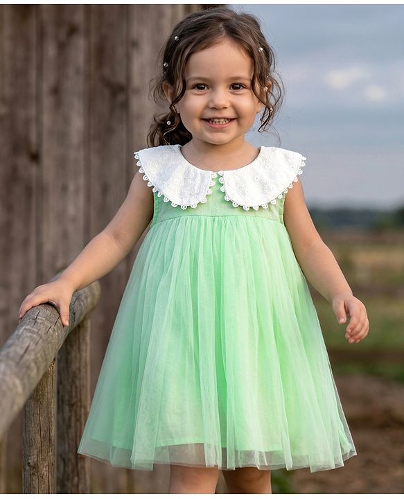 Babyhug Cotton Woven Sleeveless A Line Frock with Lace Detailing - Sea Green