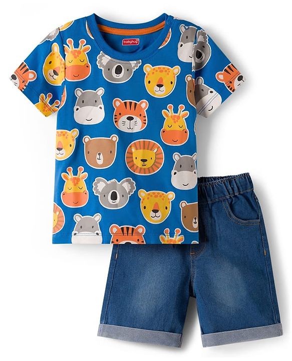 Babyhug Single Jersey Knit Half Sleeves T-Shirt & Denim Shorts Set With Animal Print - Multicolor