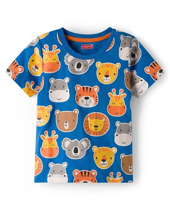 Babyhug Single Jersey Knit Half Sleeves T-Shirt & Denim Shorts Set With Animal Print - Multicolor