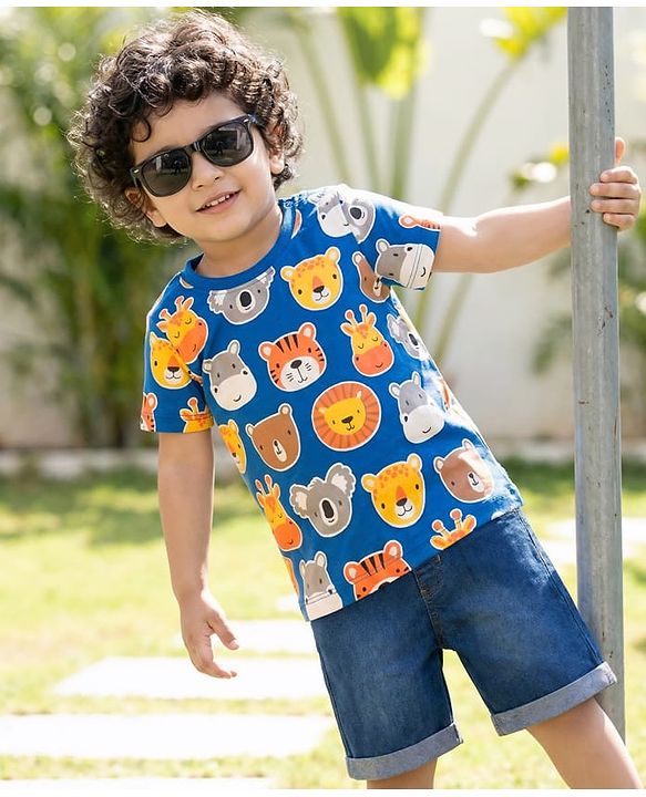 Babyhug Single Jersey Knit Half Sleeves T-Shirt & Denim Shorts Set With Animal Print - Multicolor
