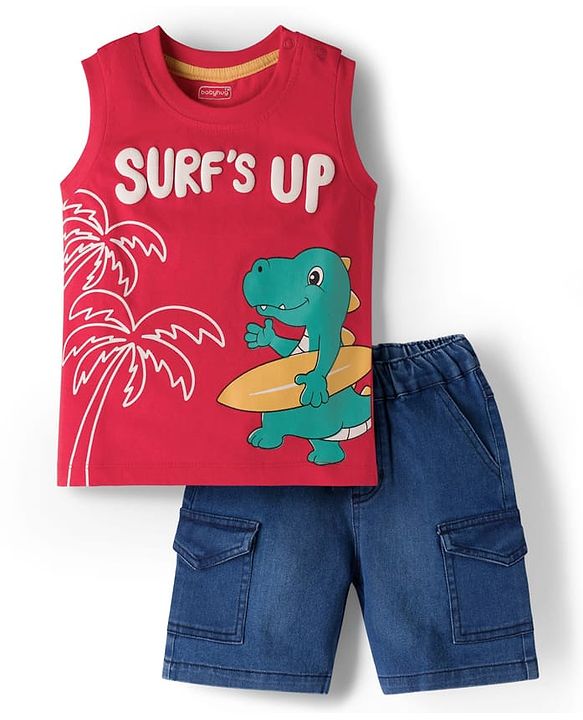 Babyhug Single Jersey Knit Sleeveless Text & Dino Printed T-Shirt & Denim Shorts with Cargo Pockets - Red & Blue