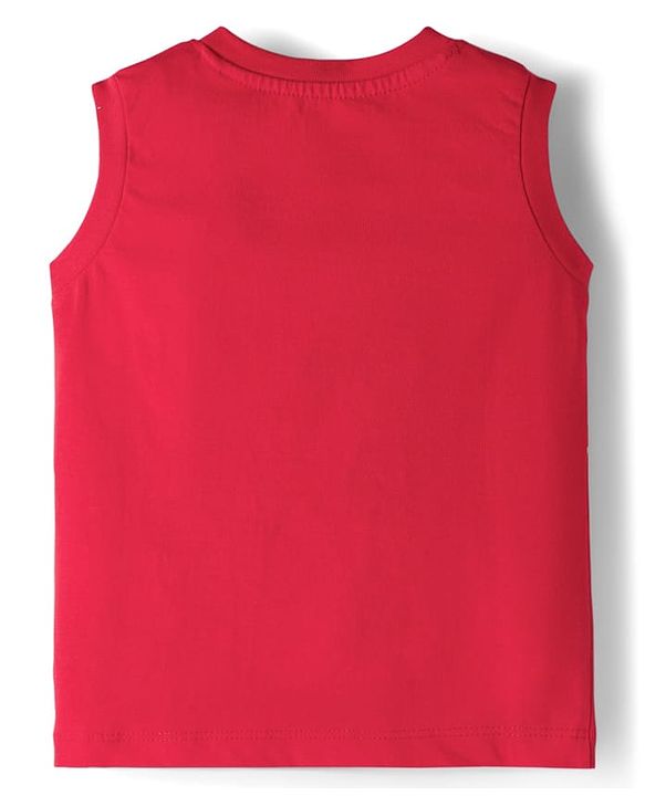 Babyhug Single Jersey Knit Sleeveless Text & Dino Printed T-Shirt & Denim Shorts with Cargo Pockets - Red & Blue