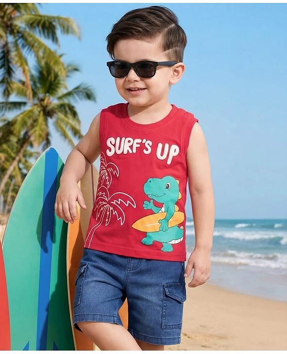 Babyhug Single Jersey Knit Sleeveless Text & Dino Printed T-Shirt & Denim Shorts with Cargo Pockets - Red & Blue
