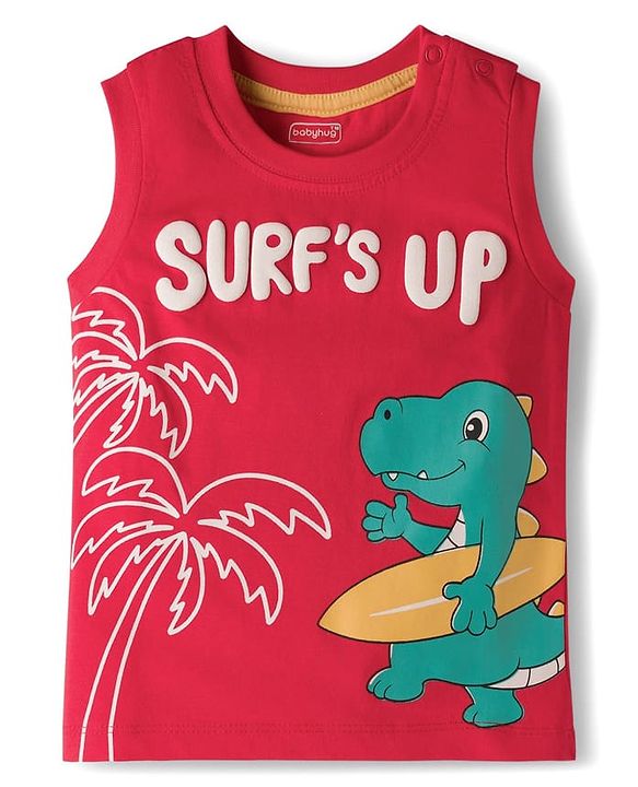 Babyhug Single Jersey Knit Sleeveless Text & Dino Printed T-Shirt & Denim Shorts with Cargo Pockets - Red & Blue