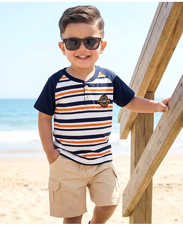 Babyhug Single Jersey Knit Half Raglan Sleeves Striped T-Shirt with Patch & Shorts - Navy Blue & Beige
