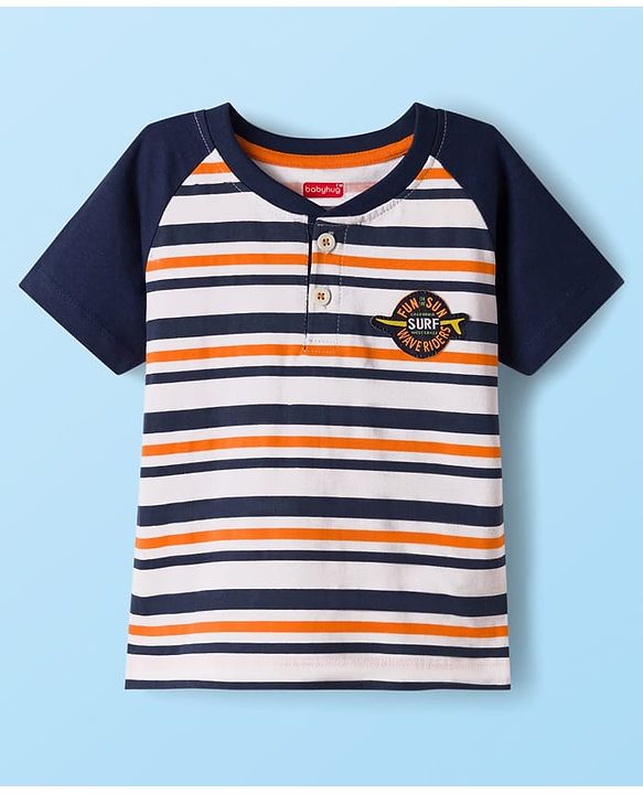 Babyhug Single Jersey Knit Half Raglan Sleeves Striped T-Shirt with Patch & Shorts - Navy Blue & Beige