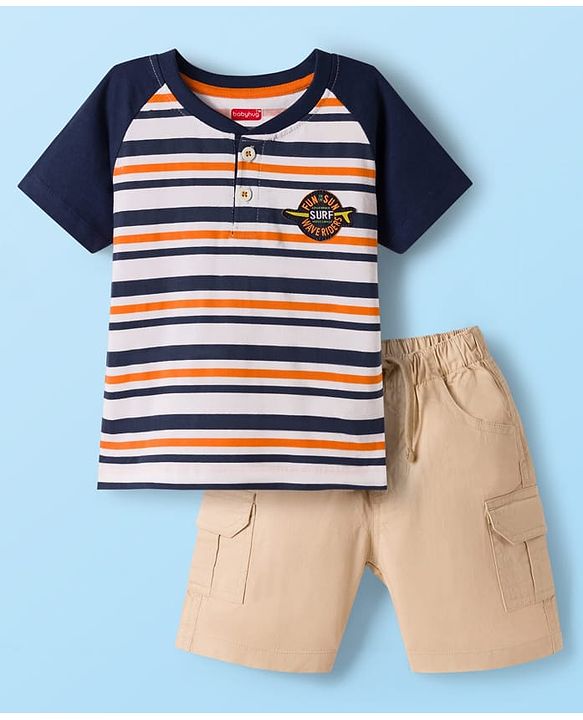 Babyhug Single Jersey Knit Half Raglan Sleeves Striped T-Shirt with Patch & Shorts - Navy Blue & Beige