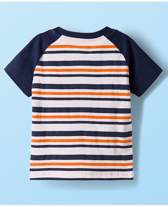 Babyhug Single Jersey Knit Half Raglan Sleeves Striped T-Shirt with Patch & Shorts - Navy Blue & Beige