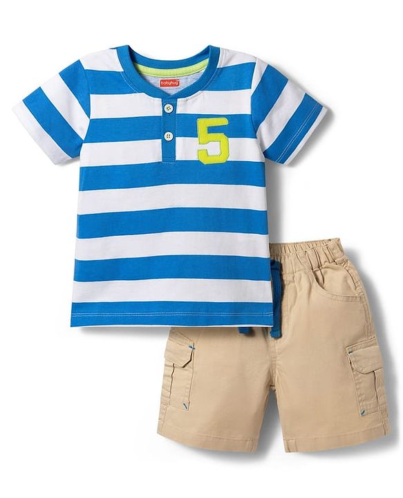 Babyhug Single Jersey Knit Half Sleeves Striped T-Shirt with Numerical Embroidery & Shorts Set - Blue & White