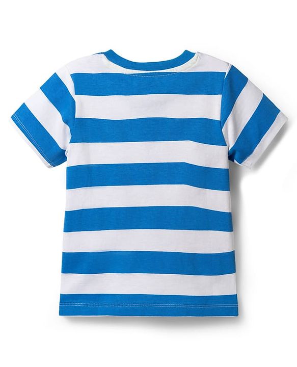 Babyhug Single Jersey Knit Half Sleeves Striped T-Shirt with Numerical Embroidery & Shorts Set - Blue & White