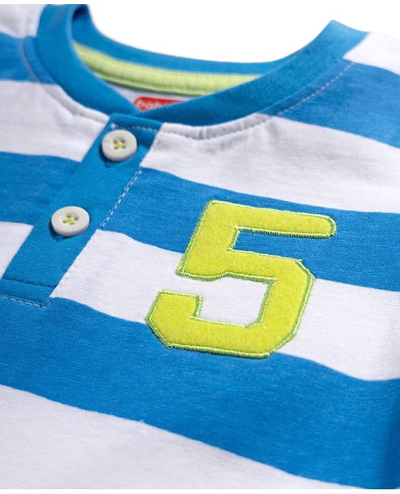 Babyhug Single Jersey Knit Half Sleeves Striped T-Shirt with Numerical Embroidery & Shorts Set - Blue & White