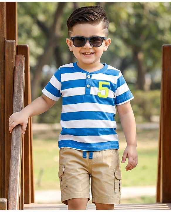 Babyhug Single Jersey Knit Half Sleeves Striped T-Shirt with Numerical Embroidery & Shorts Set - Blue & White
