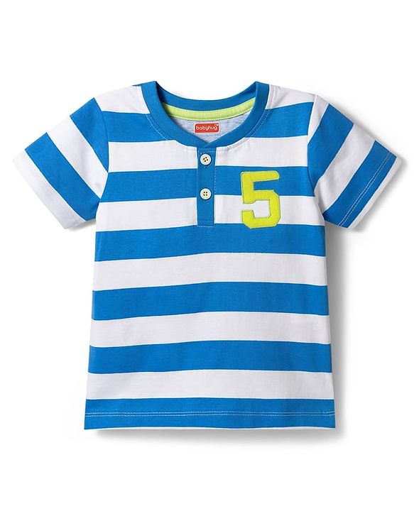 Babyhug Single Jersey Knit Half Sleeves Striped T-Shirt with Numerical Embroidery & Shorts Set - Blue & White