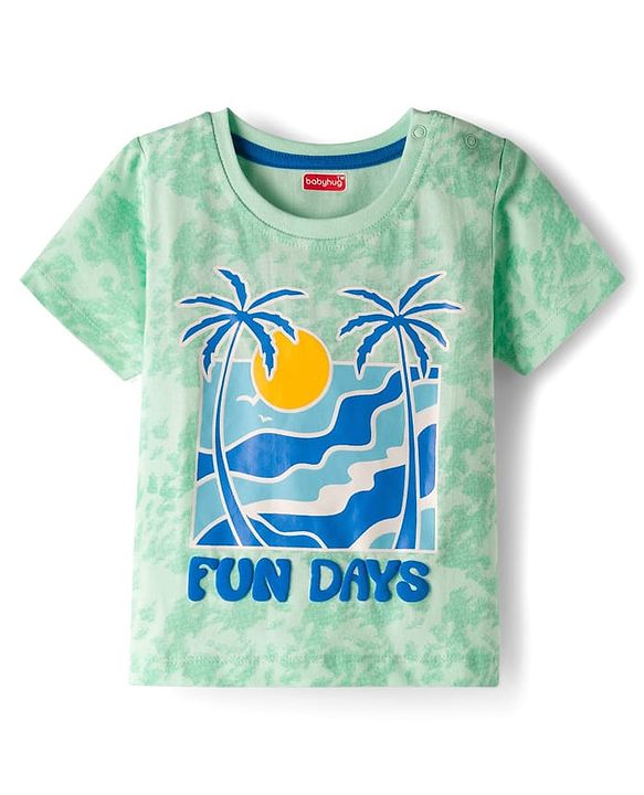 Babyhug Single Jersey Knit Half Sleeves T-Shirt & Denim Shorts Set With Beach Print - Multicolor