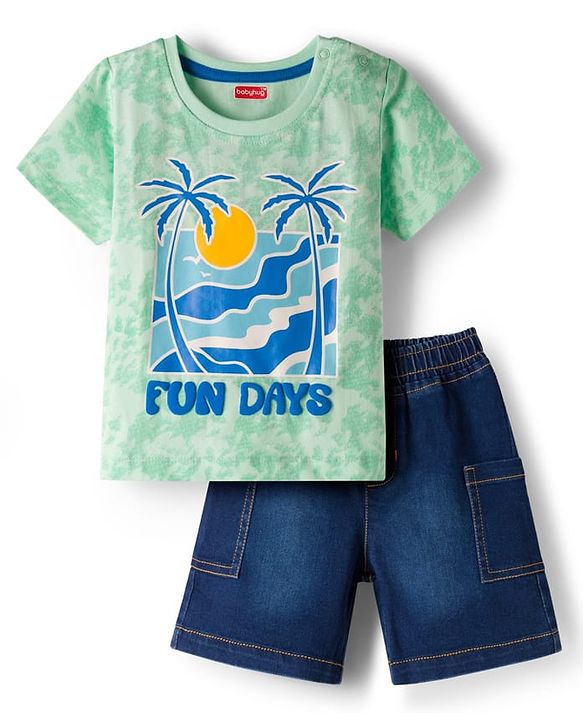 Babyhug Single Jersey Knit Half Sleeves T-Shirt & Denim Shorts Set With Beach Print - Multicolor