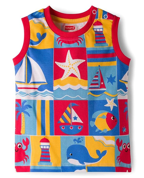 Babyhug Single Jersey Knit Sleeveless T-Shirt & Denim Shorts Set with Nautical Theme Print - Blue