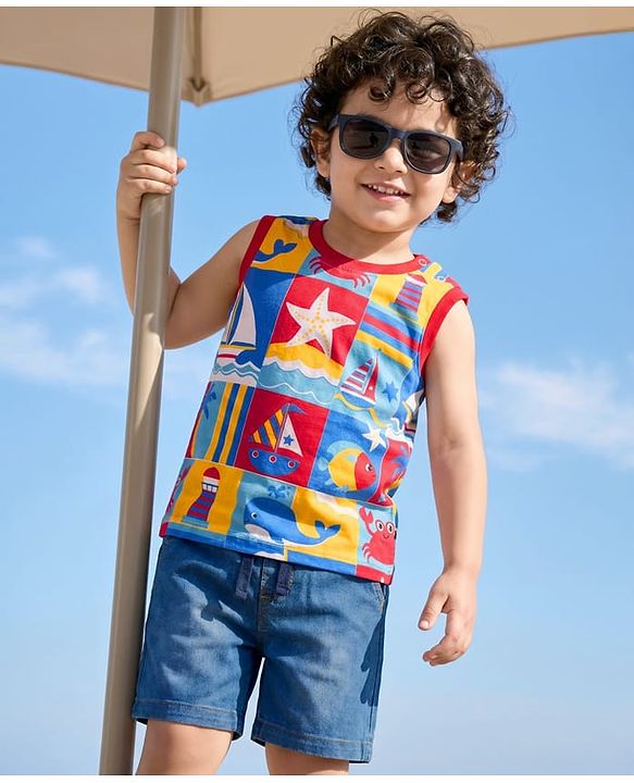 Babyhug Single Jersey Knit Sleeveless T-Shirt & Denim Shorts Set with Nautical Theme Print - Blue