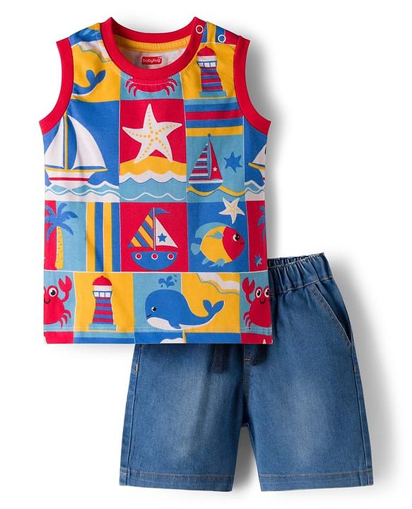 Babyhug Single Jersey Knit Sleeveless T-Shirt & Denim Shorts Set with Nautical Theme Print - Blue
