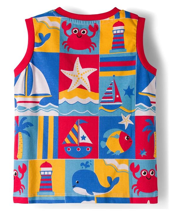 Babyhug Single Jersey Knit Sleeveless T-Shirt & Denim Shorts Set with Nautical Theme Print - Blue