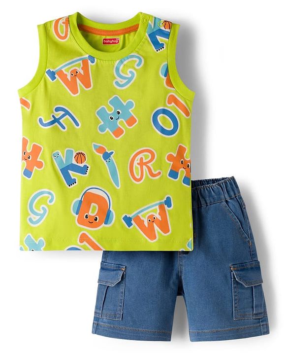 Babyhug Single Jersey Knit Sleeveless Alphabet Printed T-Shirt & Denim Shorts Set - Green & Blue