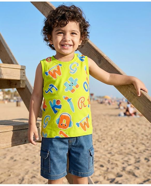 Babyhug Single Jersey Knit Sleeveless Alphabet Printed T-Shirt & Denim Shorts Set - Green & Blue