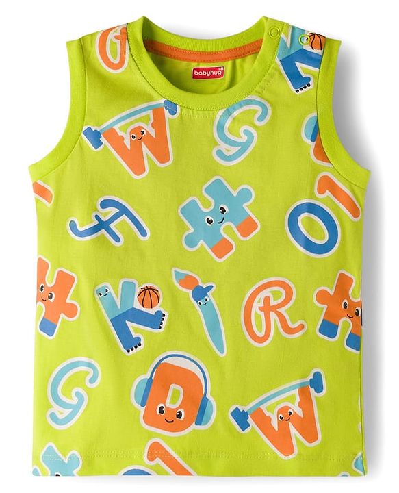 Babyhug Single Jersey Knit Sleeveless Alphabet Printed T-Shirt & Denim Shorts Set - Green & Blue
