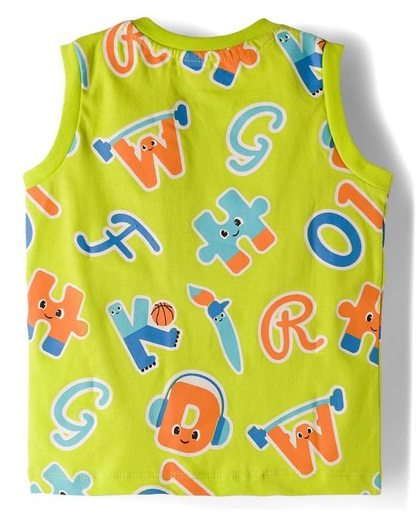Babyhug Single Jersey Knit Sleeveless Alphabet Printed T-Shirt & Denim Shorts Set - Green & Blue