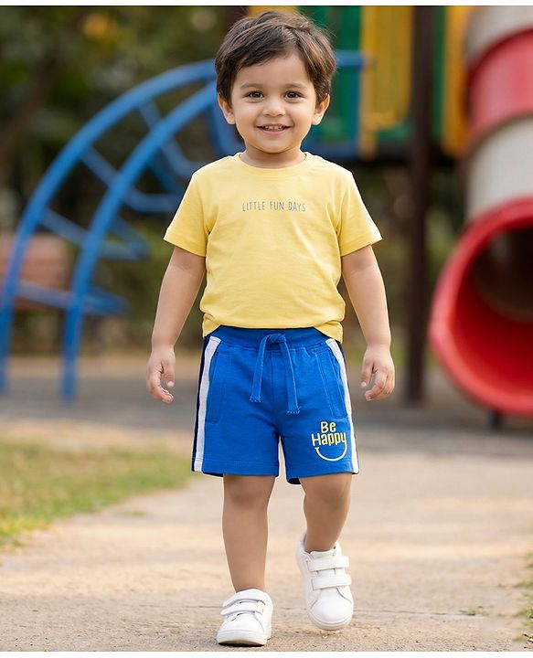 Babyhug Cotton Terry Knit Mid Thigh Cut N Sew Text Printed Shorts - Blue