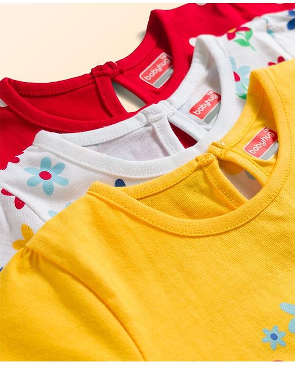 Babyhug Cotton Knit Half Sleeves T-Shirts with Floral & Polka Dots Graphics Pack of 3 - Multicolor