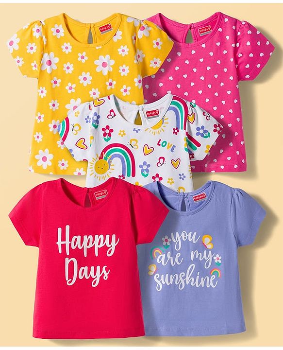Babyhug 100% Cotton Knit Half Sleeves T-Shirts with Floral & Hearts Graphics Pack of 5 - Multicolor