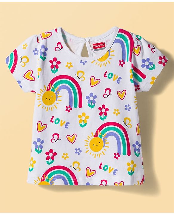 Babyhug 100% Cotton Knit Half Sleeves T-Shirts with Floral & Hearts Graphics Pack of 5 - Multicolor