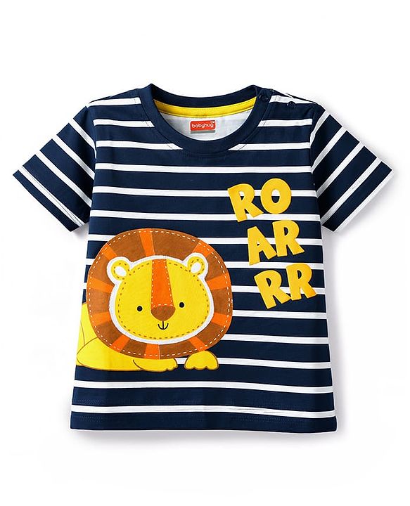 Babyhug Cotton Knit T-Shirt Half Sleeves Striped with Graphic Print Multi Color 6-9 Months