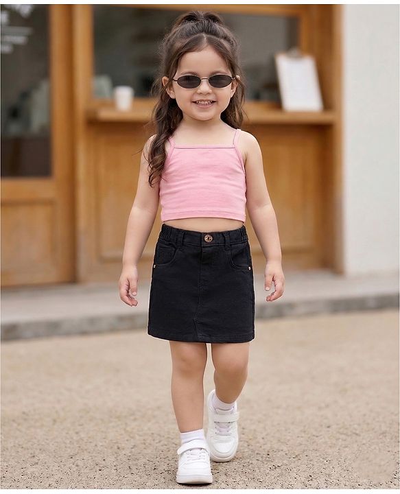 Babyhug Mid Thigh Length Solid Color Denim Skirt - Black