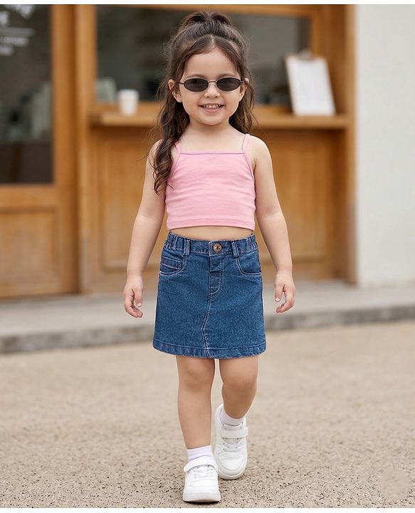 Babyhug Mid Thigh Length Solid Color Denim Skirt - Black