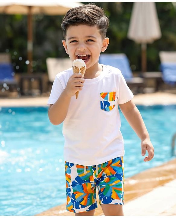 Babyhug Single Jersey Knit Half Sleeves T-Shirt & Shorts Set with Leaf Print - White