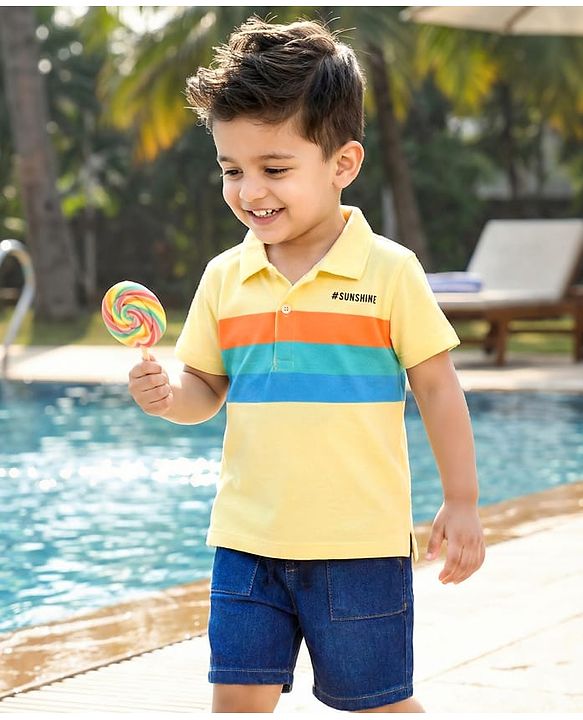 Babyhug Single Jersey Knit Half Sleeves Polo T-Shirt & Denim Shorts Set with Sunshine Print & Stripes - Yellow & Blue