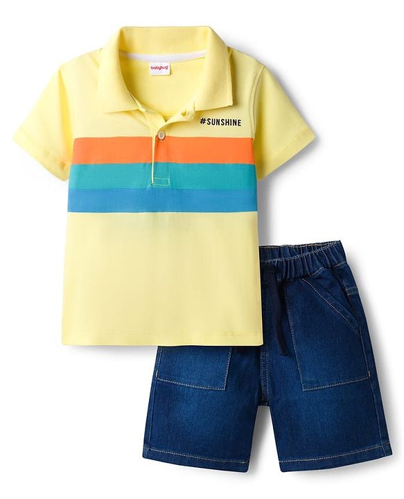 Babyhug Single Jersey Knit Half Sleeves Polo T-Shirt & Denim Shorts Set with Sunshine Print & Stripes - Yellow & Blue