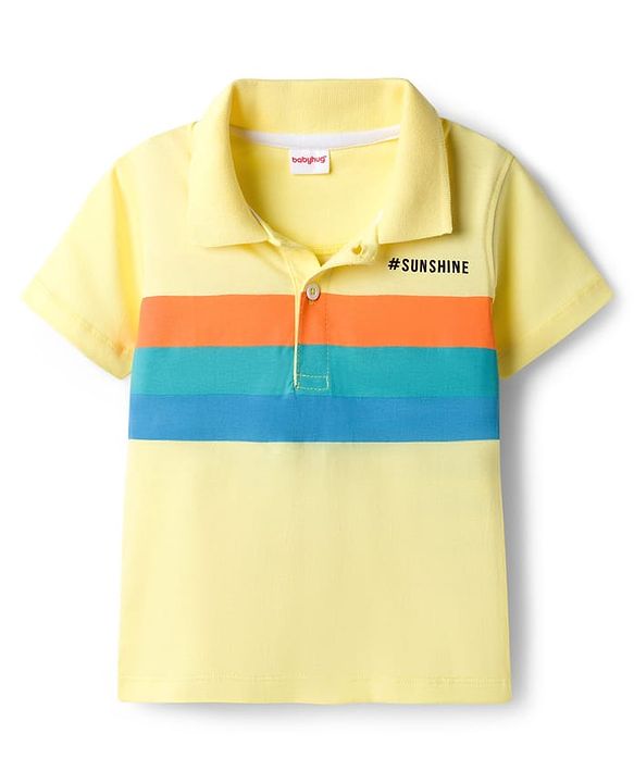 Babyhug Single Jersey Knit Half Sleeves Polo T-Shirt & Denim Shorts Set with Sunshine Print & Stripes - Yellow & Blue