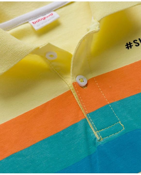 Babyhug Single Jersey Knit Half Sleeves Polo T-Shirt & Denim Shorts Set with Sunshine Print & Stripes - Yellow & Blue