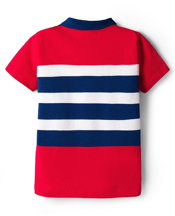 Babyhug Single Jersey Knit Half Sleeves Polo T-Shirt & Denim Shorts Set with N Patch Detailing & Stripes - Blue