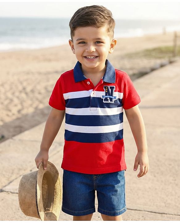 Babyhug Single Jersey Knit Half Sleeves Polo T-Shirt & Denim Shorts Set with N Patch Detailing & Stripes - Blue